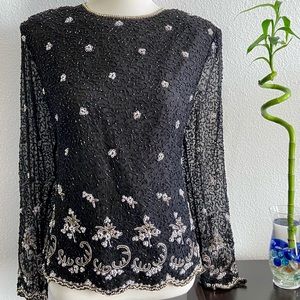 LAURENCE KAZAR Vintage Silk Embroidery Sequin Blouse